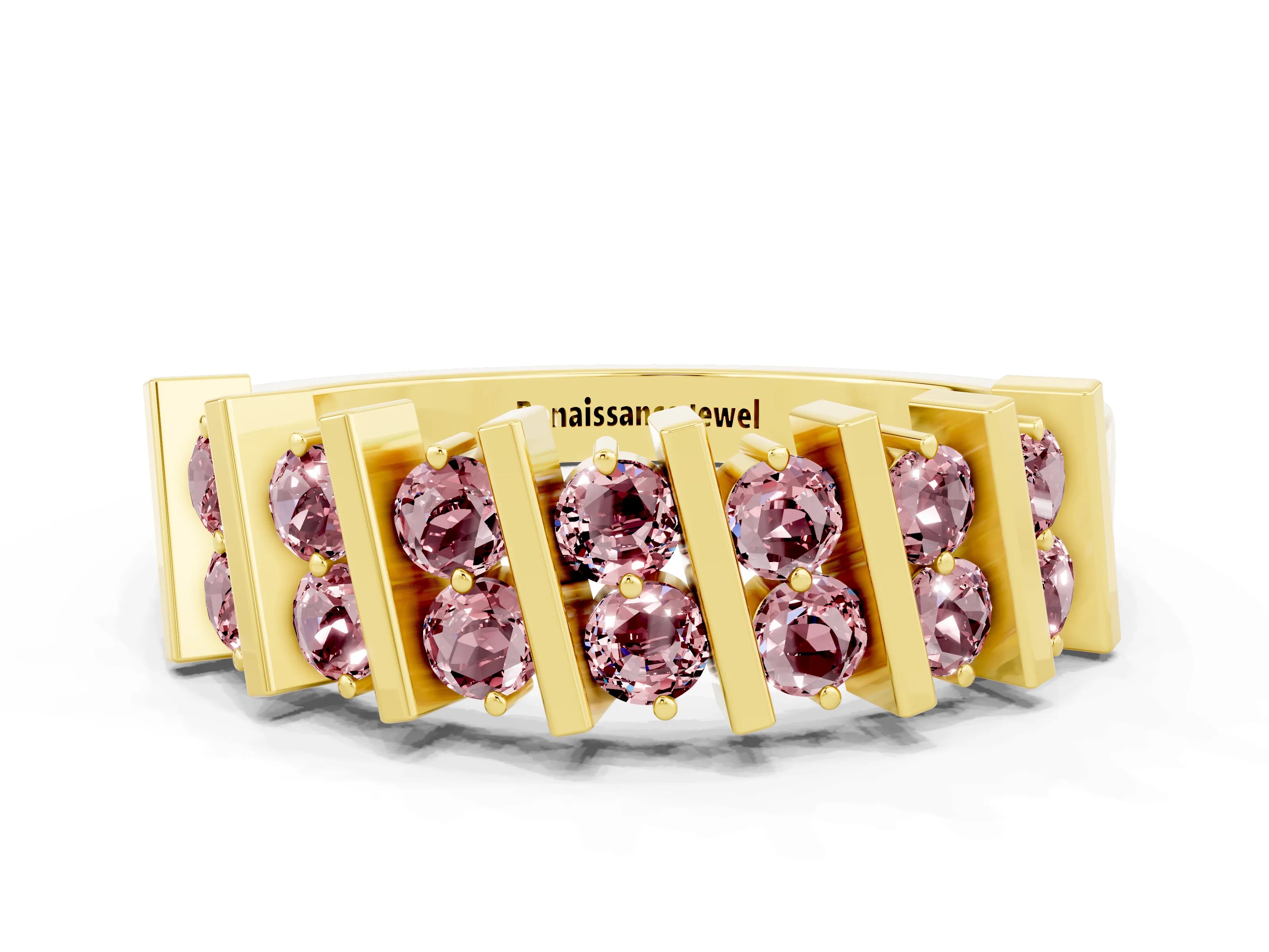 Yellow gold Channel Set Round Morganite Anniversary Band with Vertical Prongs_6