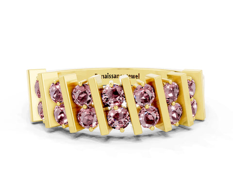 Yellow gold Channel Set Round Morganite Anniversary Band with Vertical Prongs_6
