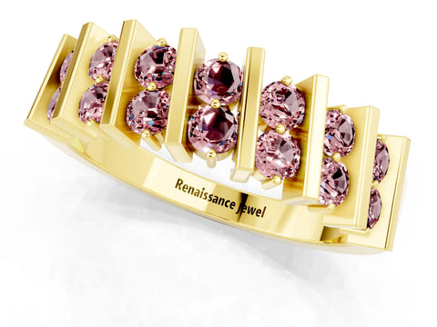 Yellow gold Channel Set Round Morganite Anniversary Band with Vertical Prongs_7