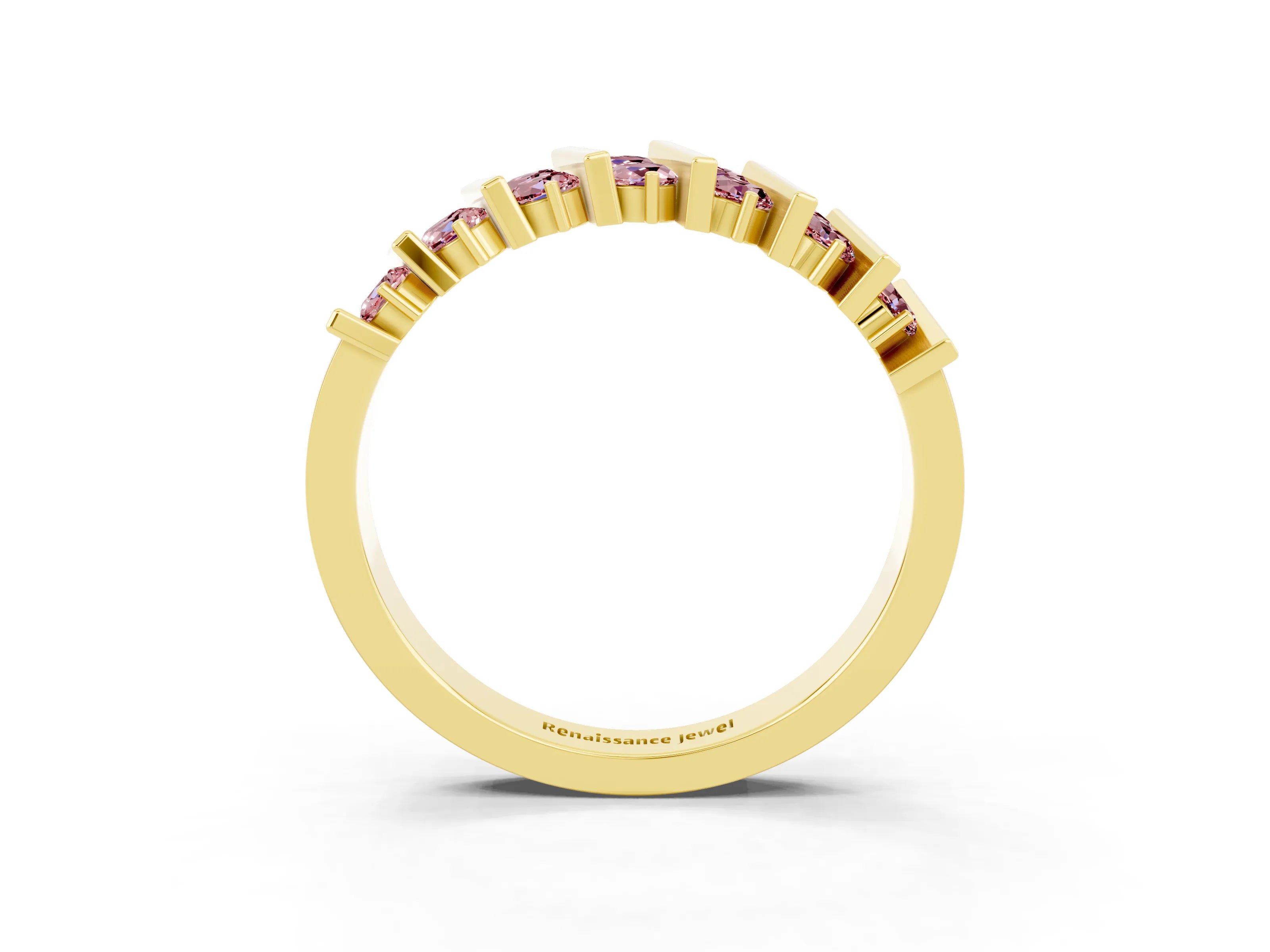 Yellow gold Channel Set Round Morganite Anniversary Band with Vertical Prongs_9