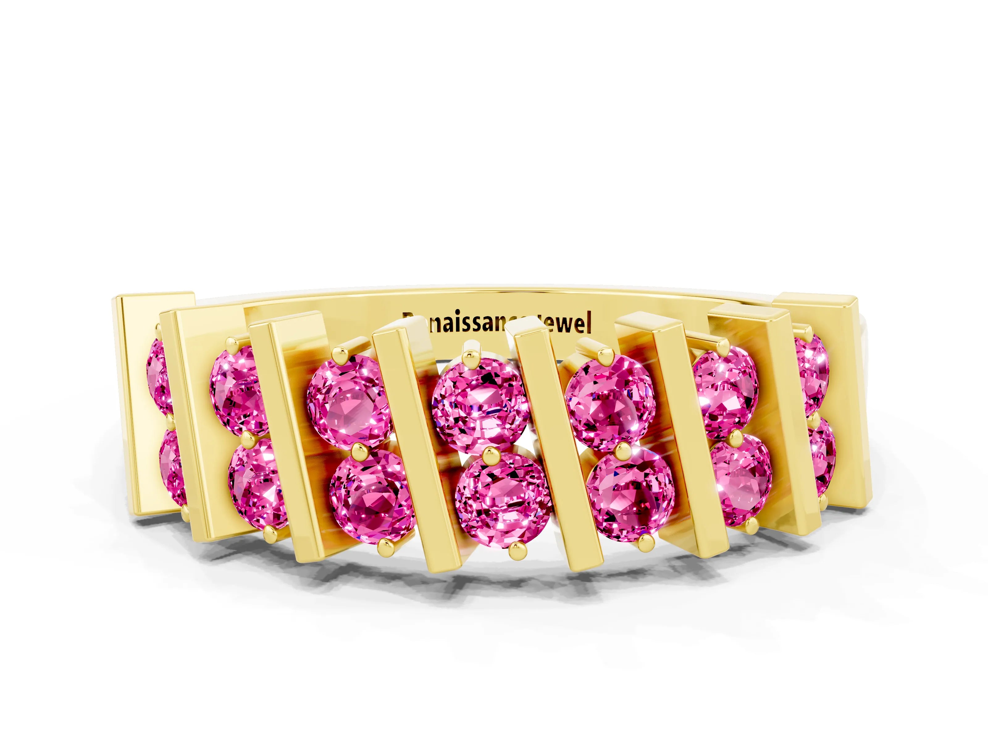Yellow gold Channel Set Round Pink Sapphire Anniversary Band with Vertical Prongs_6