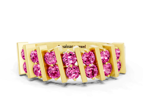 Yellow gold Channel Set Round Pink Sapphire Anniversary Band with Vertical Prongs_6