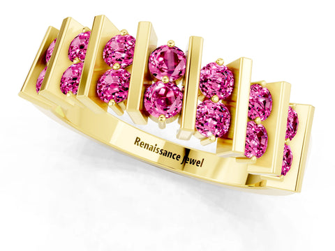 Yellow gold Channel Set Round Pink Sapphire Anniversary Band with Vertical Prongs_7