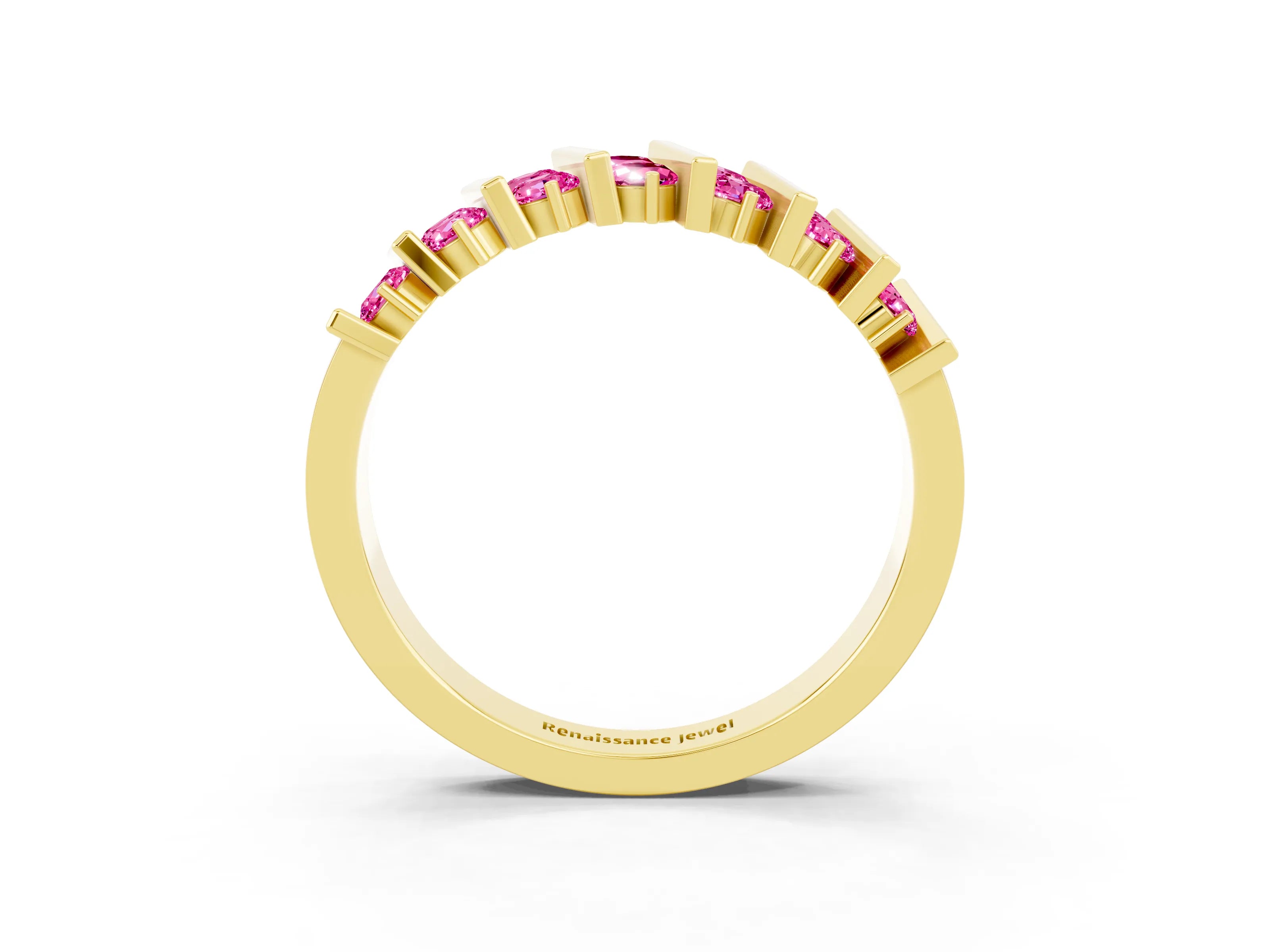 Yellow gold Channel Set Round Pink Sapphire Anniversary Band with Vertical Prongs_9