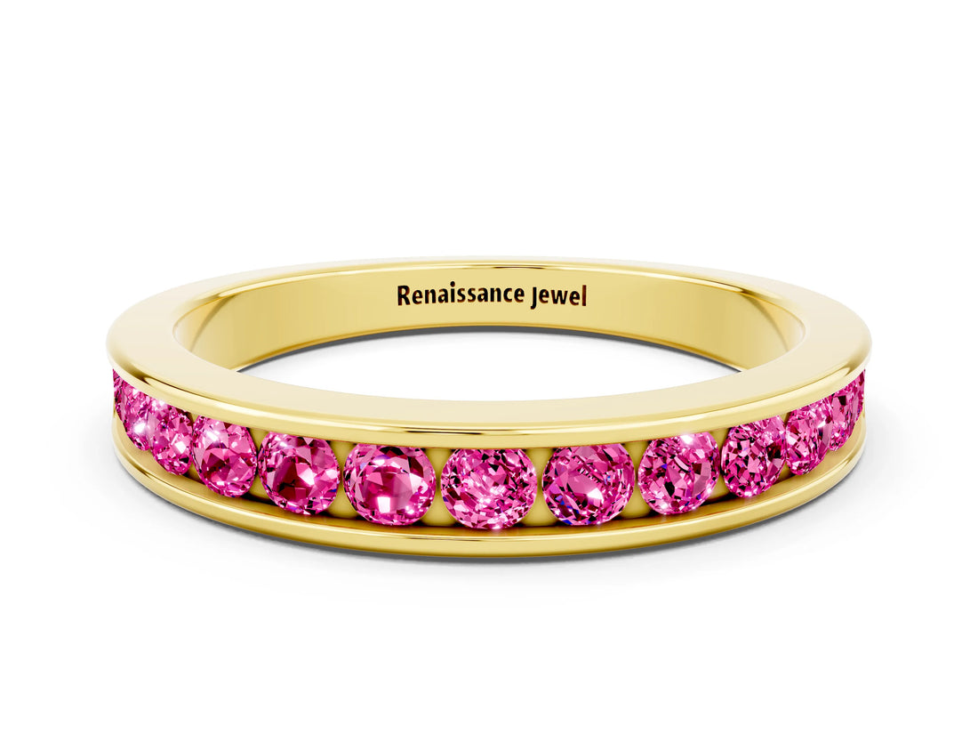 Yellow gold Channel Set Round Pink Sapphire Eternity Band_18