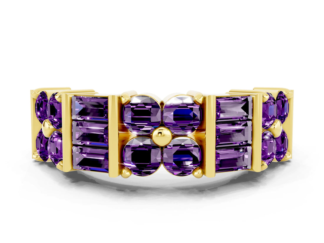 Yellow gold Channel Set Round and Baguette Amethyst Anniversary Band with Prong Setting_18