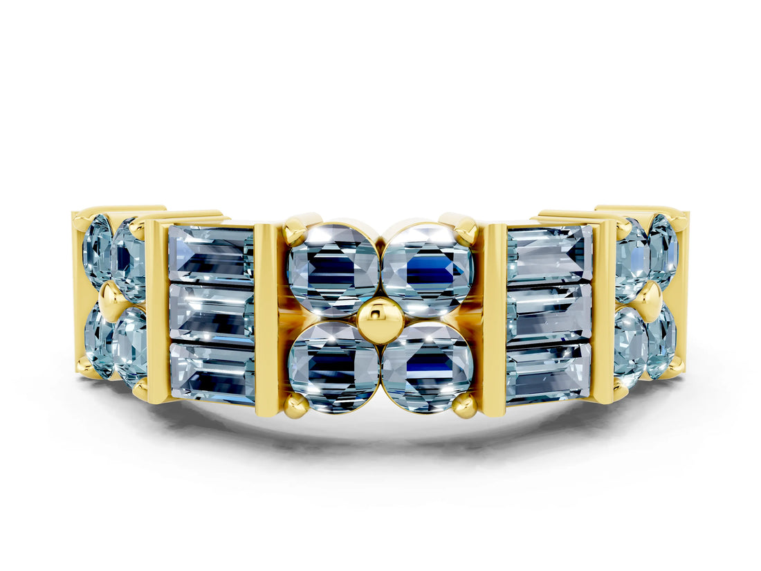 Yellow gold Channel Set Round and Baguette Aquamarine Anniversary Band with Prong Setting_18