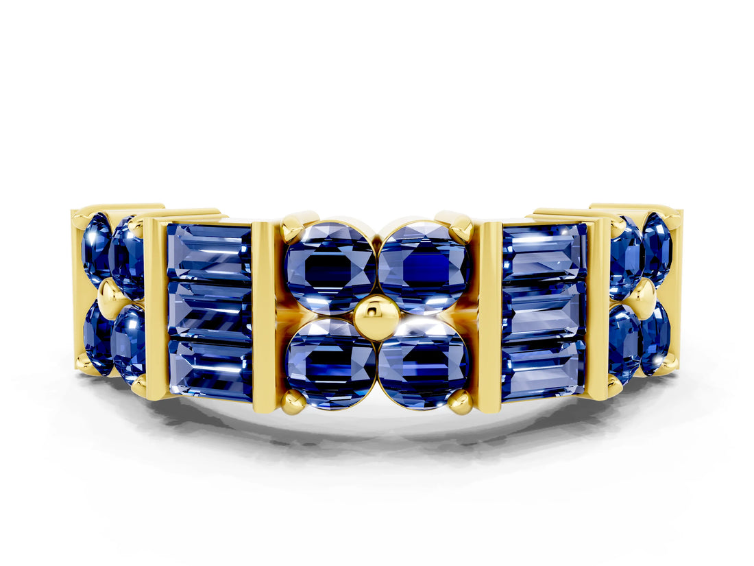 Yellow gold Channel Set Round and Baguette Blue Sapphire Anniversary Band with Prong Setting_18