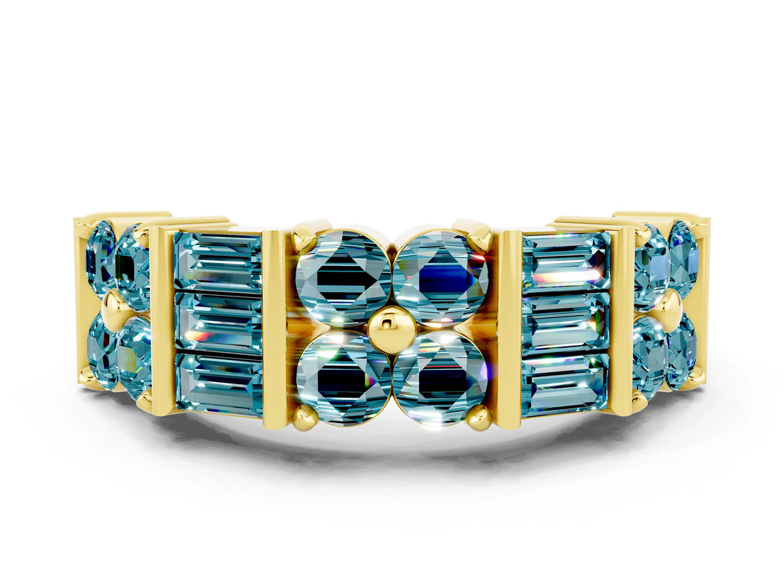 Yellow gold Channel Set Round and Baguette Blue Topaz Anniversary Band with Prong Setting_18