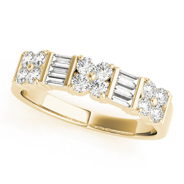 Yellow gold Channel Set Round and Baguette Diamond Anniversary Band with Prong Setting