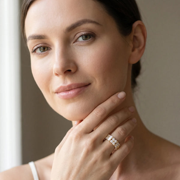Yellow gold Channel Set Round and Baguette Diamond Anniversary Band with Prong Setting
