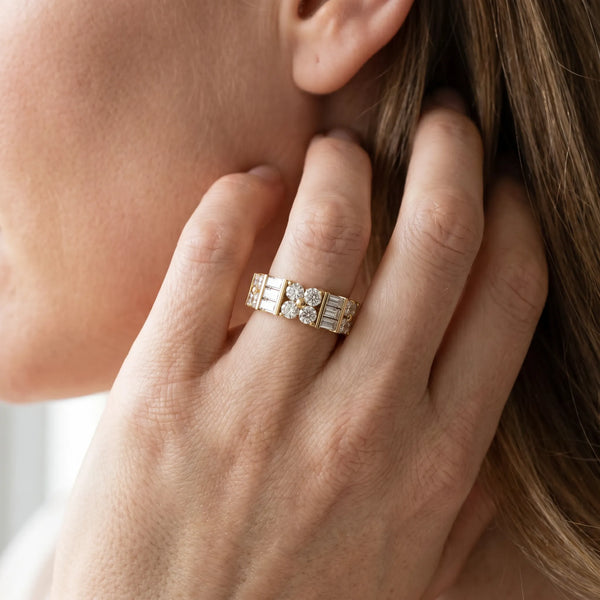 Yellow gold Channel Set Round and Baguette Diamond Anniversary Band with Prong Setting