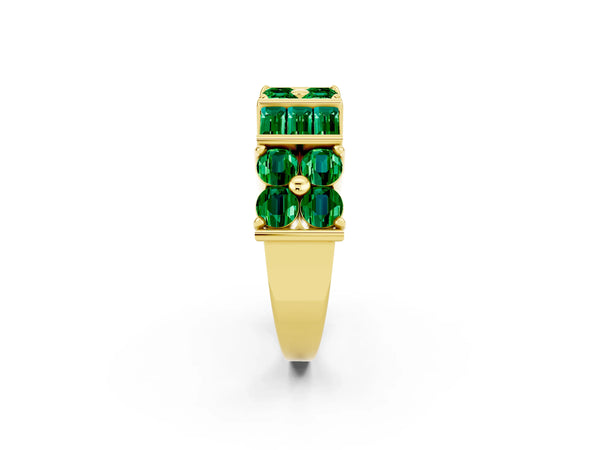 Yellow Gold Round and Baguette Lab-Grown Emerald Cluster and Channel Set Anniversary Band