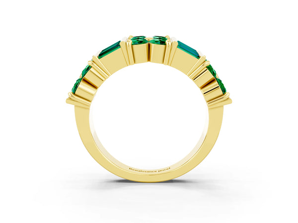 Yellow Gold Round and Baguette Lab-Grown Emerald Cluster and Channel Set Anniversary Band