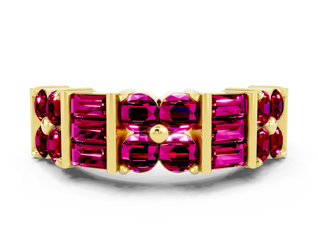 Yellow gold Channel Set Round and Baguette Garnet Anniversary Band with Prong Setting_18