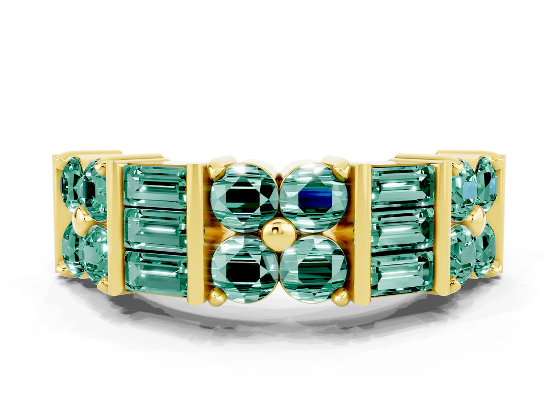 Yellow gold Channel Set Round and Baguette Green Sapphire Anniversary Band with Prong Setting_18
