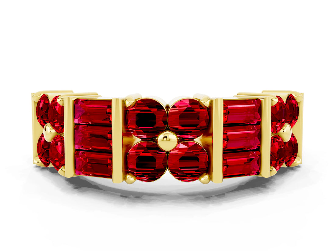Yellow gold Channel Set Round and Baguette Ruby Anniversary Band with Prong Setting_18