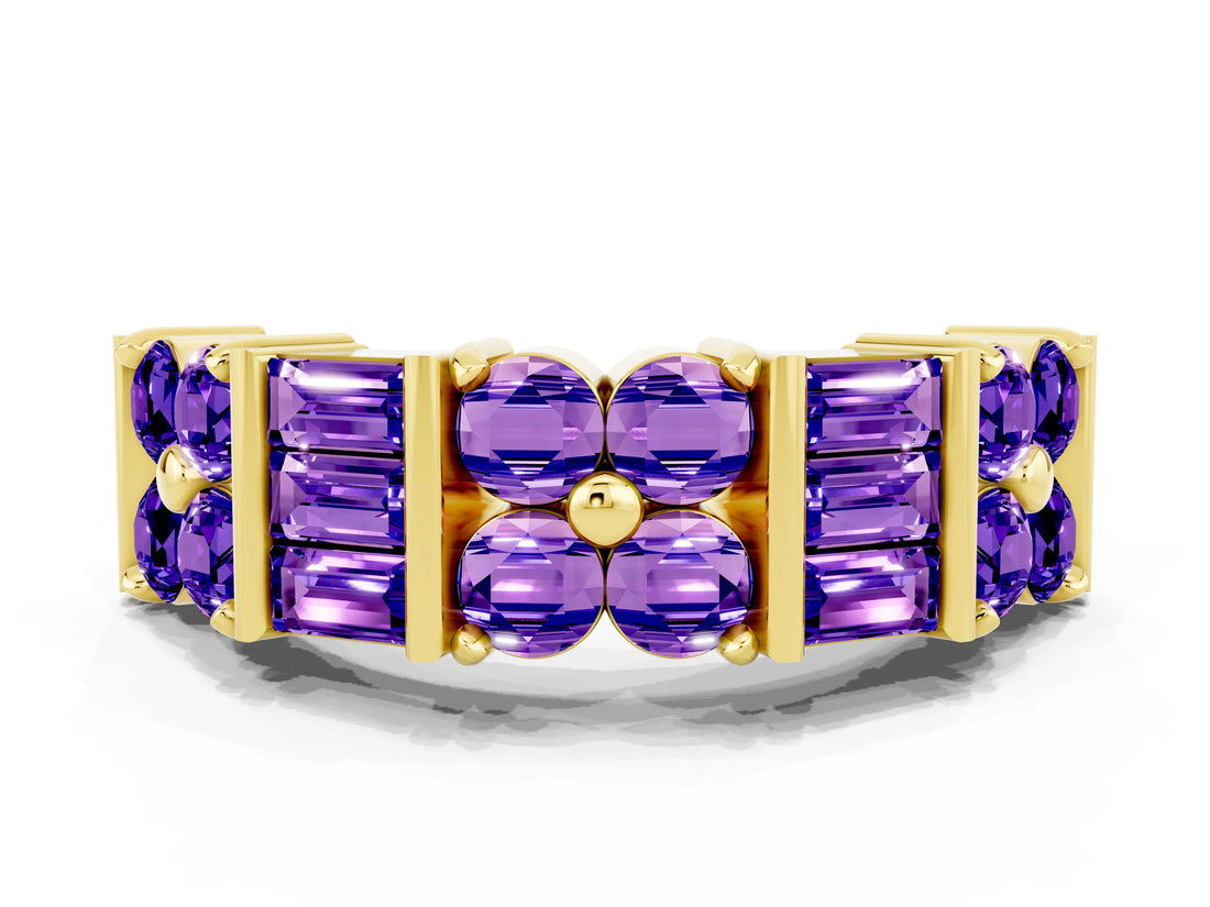 Yellow gold Channel Set Round and Baguette Tanzanite Anniversary Band with Prong Setting_18
