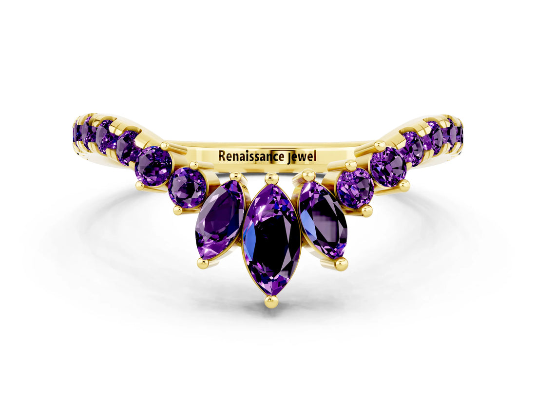 Yellow gold Chevron Marquise and Round Amethyst Open Band with Prong Setting_6