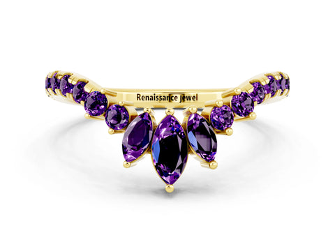 Yellow gold Chevron Marquise and Round Amethyst Open Band with Prong Setting_6