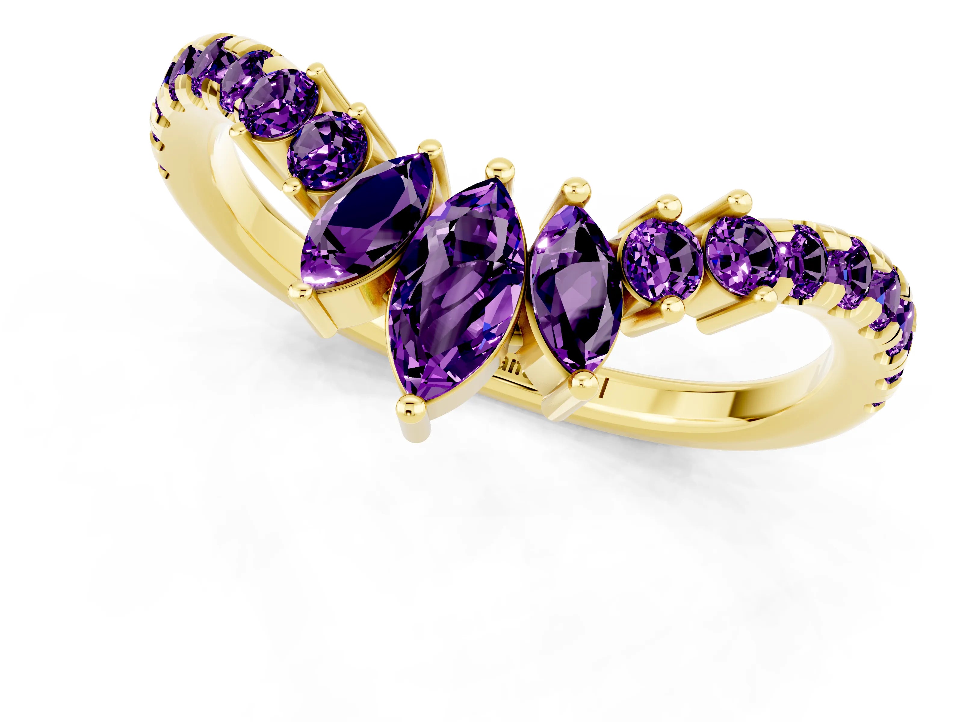 Yellow gold Chevron Marquise and Round Amethyst Open Band with Prong Setting_7