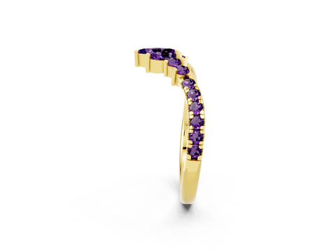 Yellow gold Chevron Marquise and Round Amethyst Open Band with Prong Setting_8