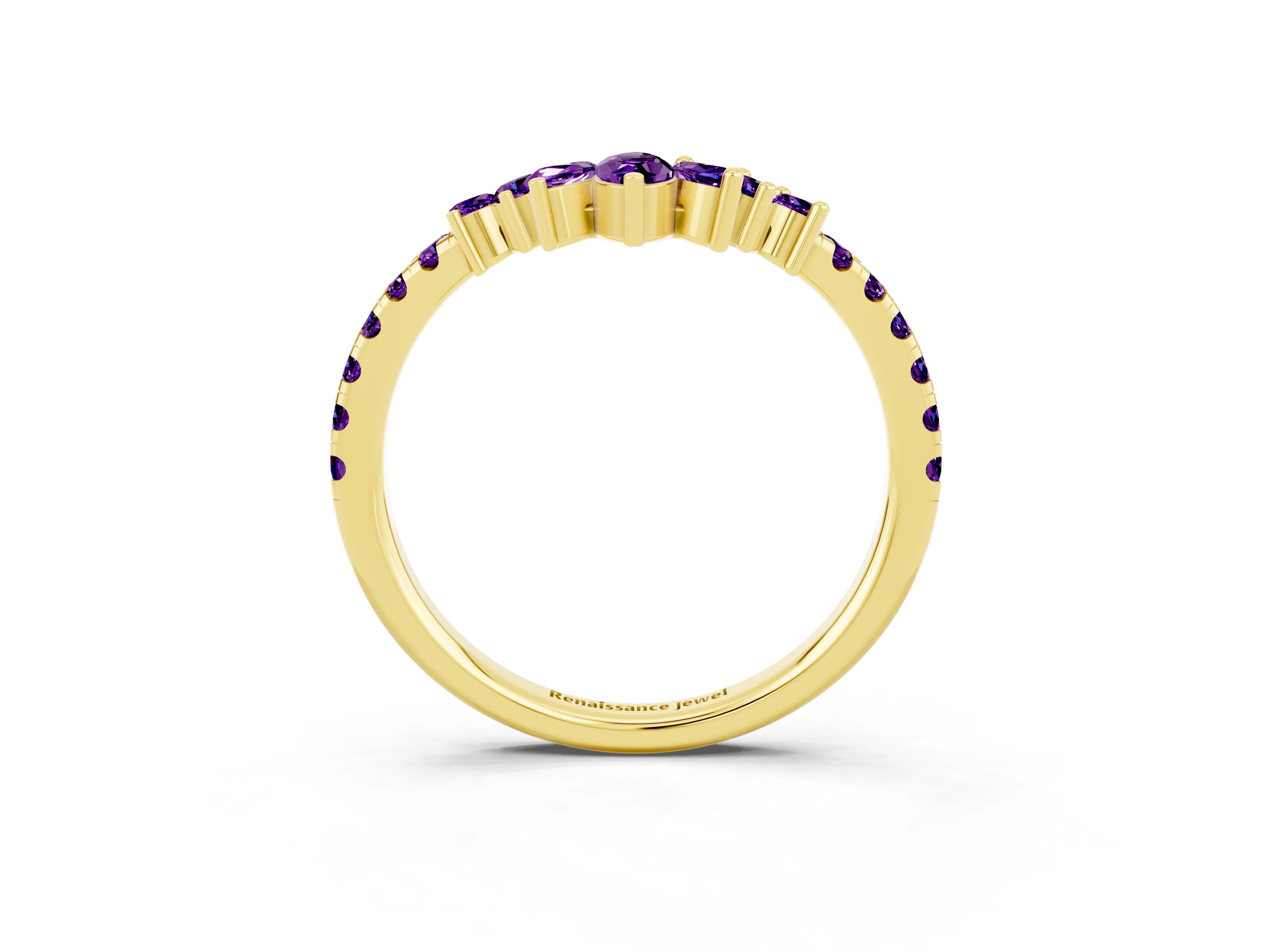 Yellow gold Chevron Marquise and Round Amethyst Open Band with Prong Setting_9