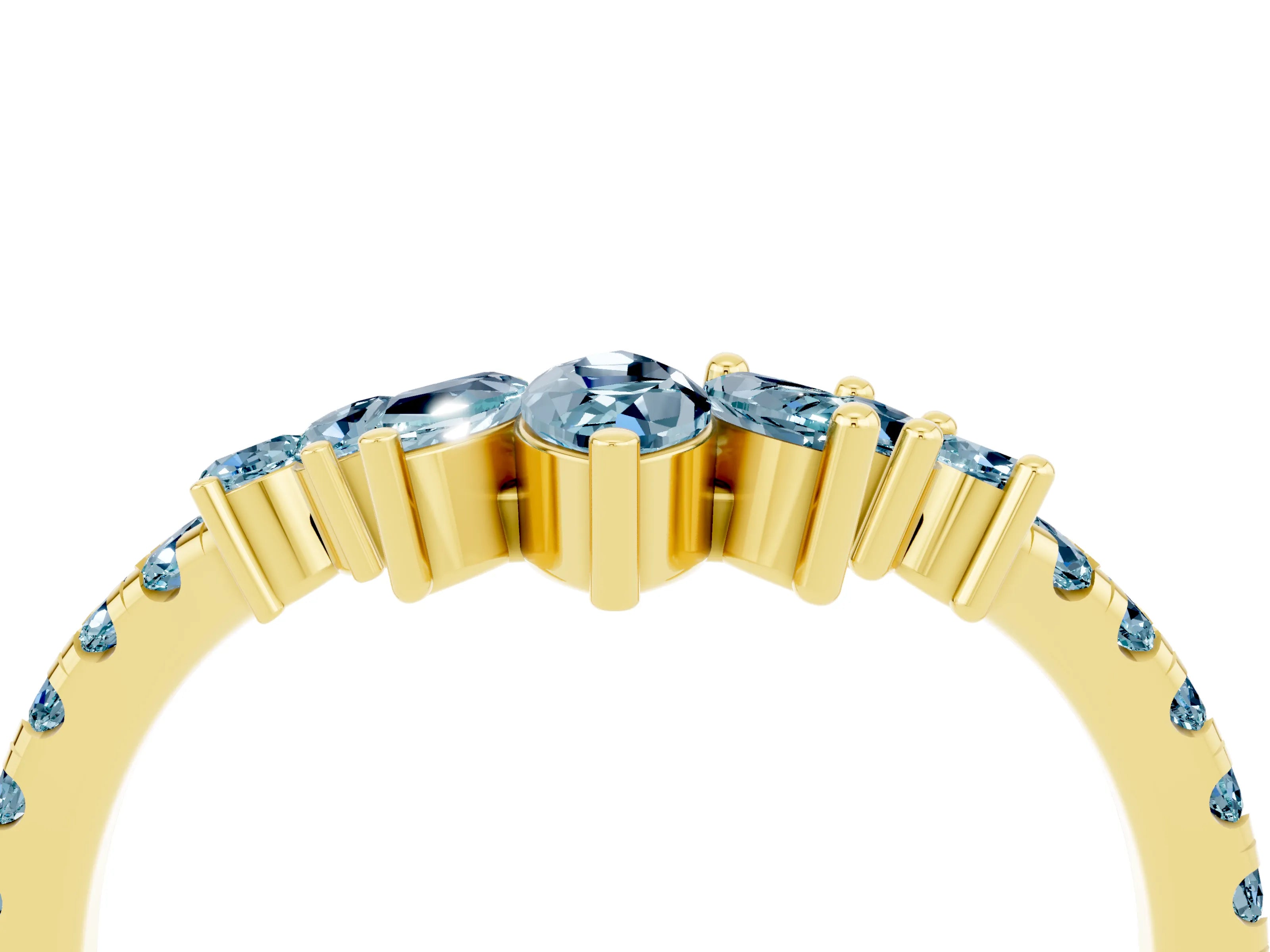 Yellow gold Chevron Marquise and Round Aquamarine Open Band with Prong Setting_10