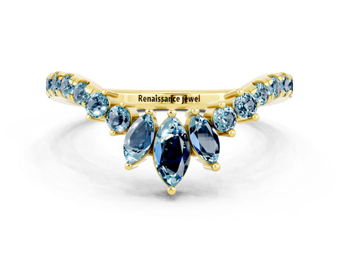 Yellow gold Chevron Marquise and Round Aquamarine Open Band with Prong Setting_6