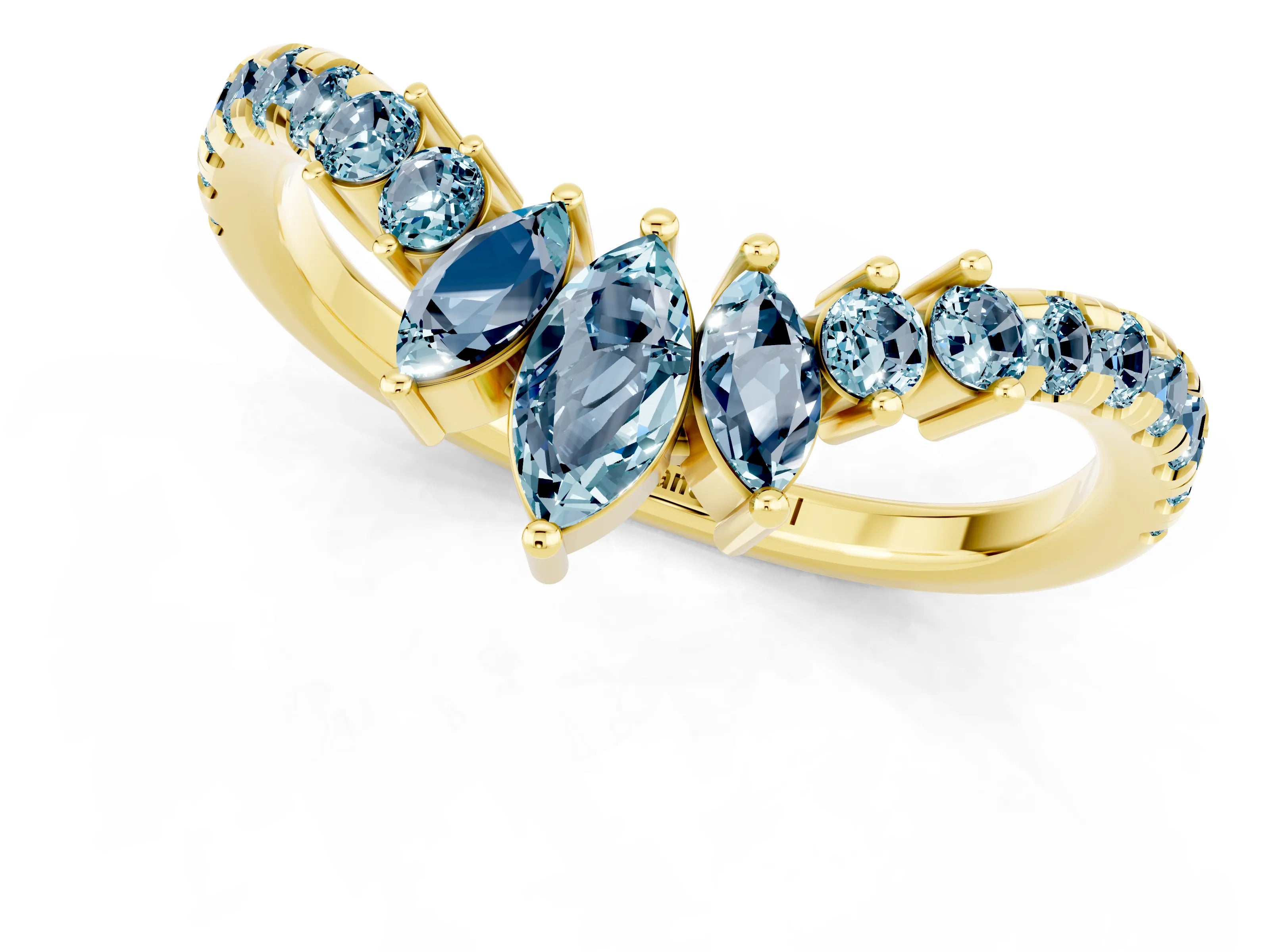 Yellow gold Chevron Marquise and Round Aquamarine Open Band with Prong Setting_7