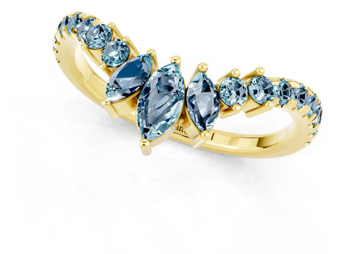 Yellow gold Chevron Marquise and Round Aquamarine Open Band with Prong Setting_7