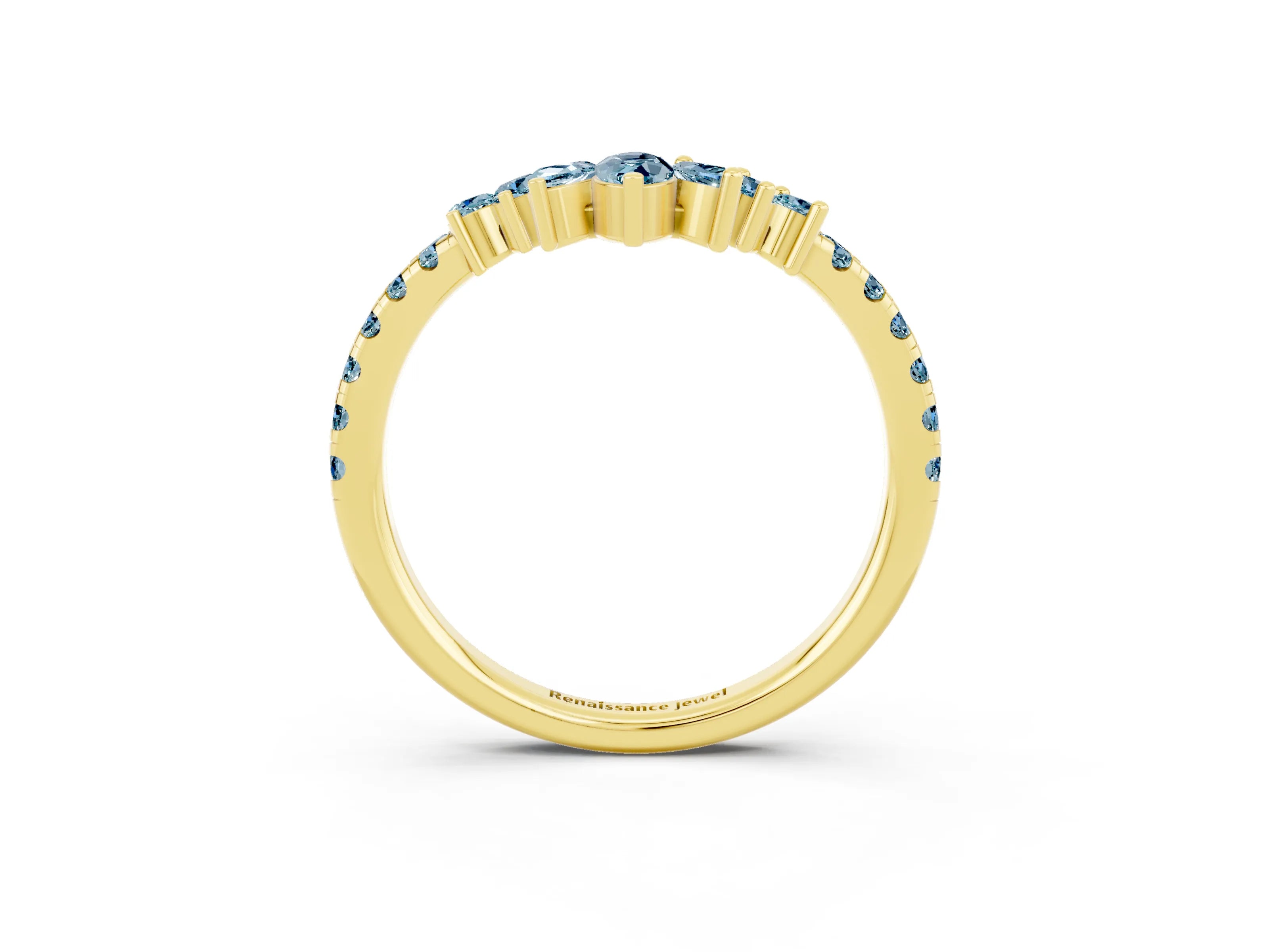 Yellow gold Chevron Marquise and Round Aquamarine Open Band with Prong Setting_9