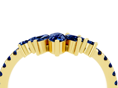 Yellow gold Chevron Marquise and Round Blue Sapphire Open Band with Prong Setting_10