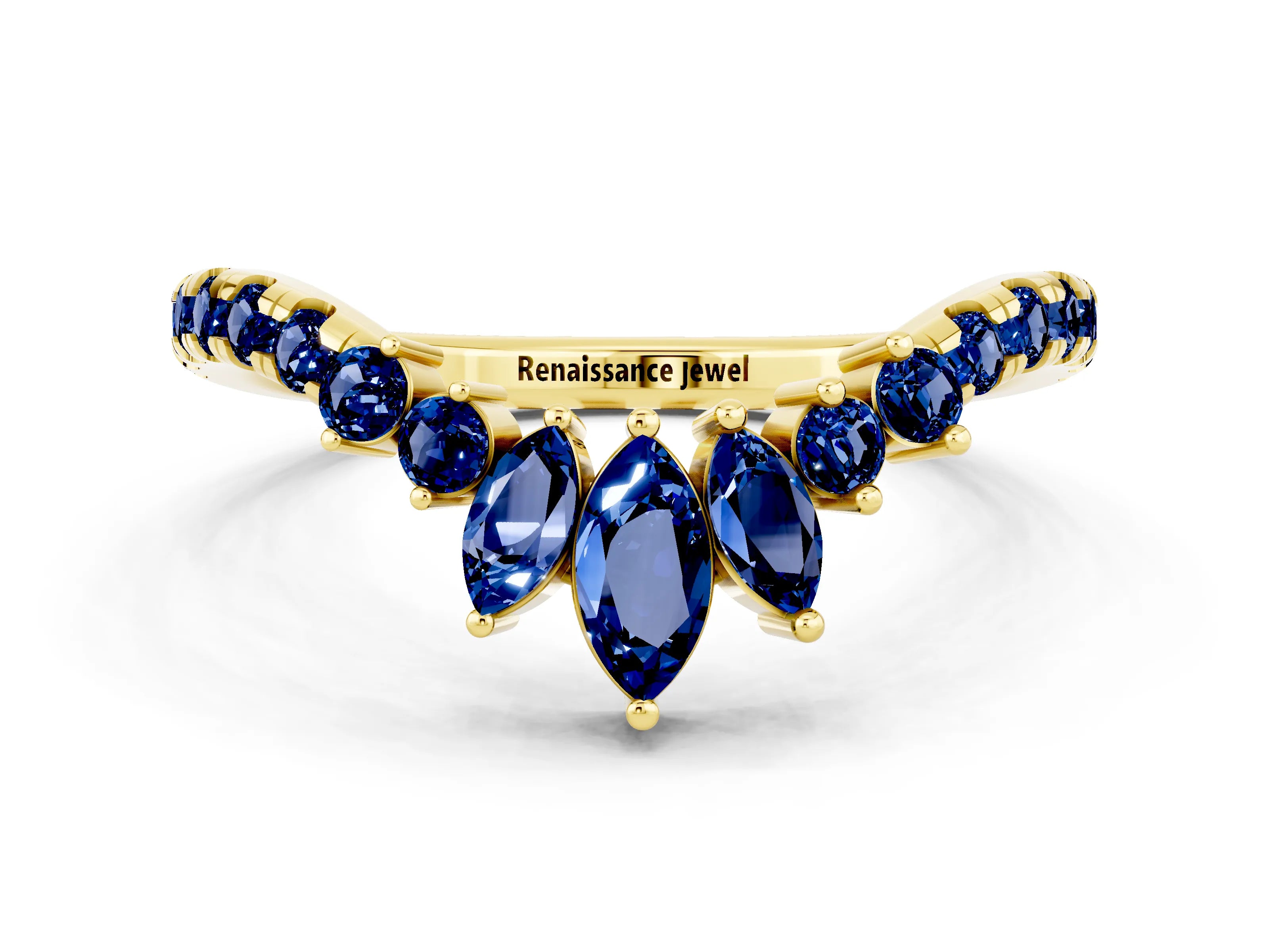 Yellow gold Chevron Marquise and Round Blue Sapphire Open Band with Prong Setting_6