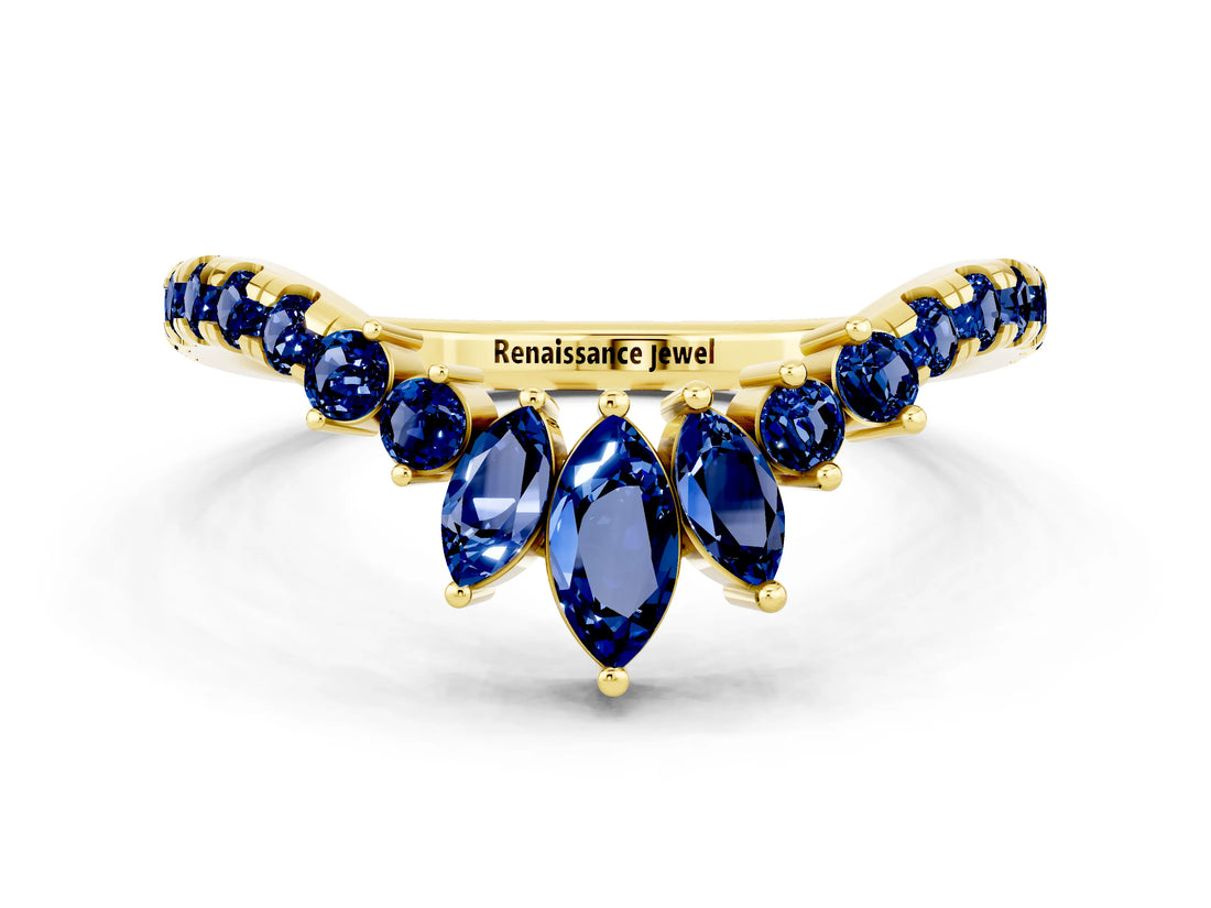 Yellow gold Chevron Marquise and Round Blue Sapphire Open Band with Prong Setting_6