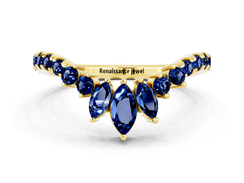 Yellow gold Chevron Marquise and Round Blue Sapphire Open Band with Prong Setting_6