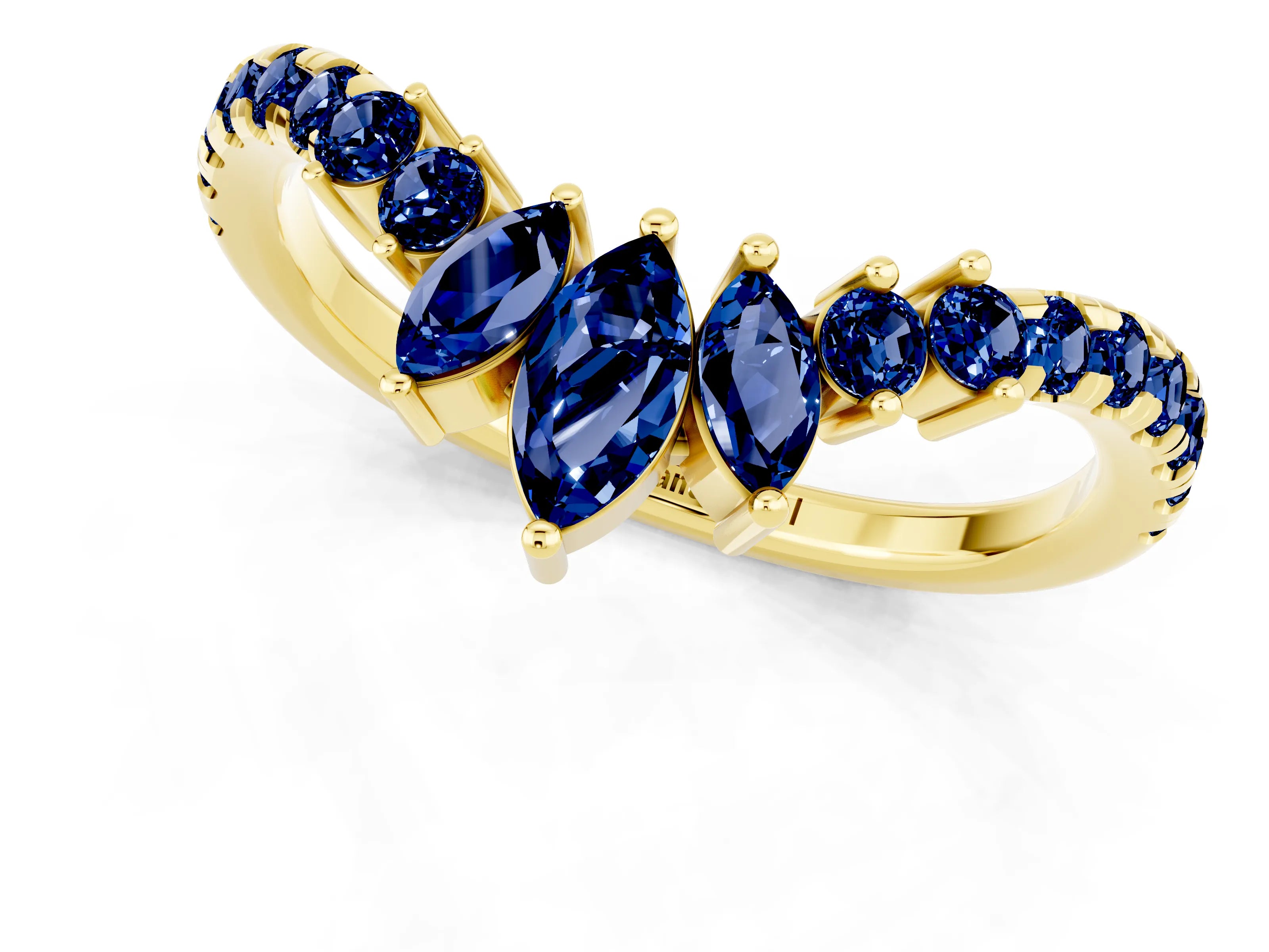 Yellow gold Chevron Marquise and Round Blue Sapphire Open Band with Prong Setting_7