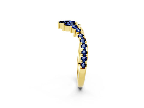Yellow gold Chevron Marquise and Round Blue Sapphire Open Band with Prong Setting_8