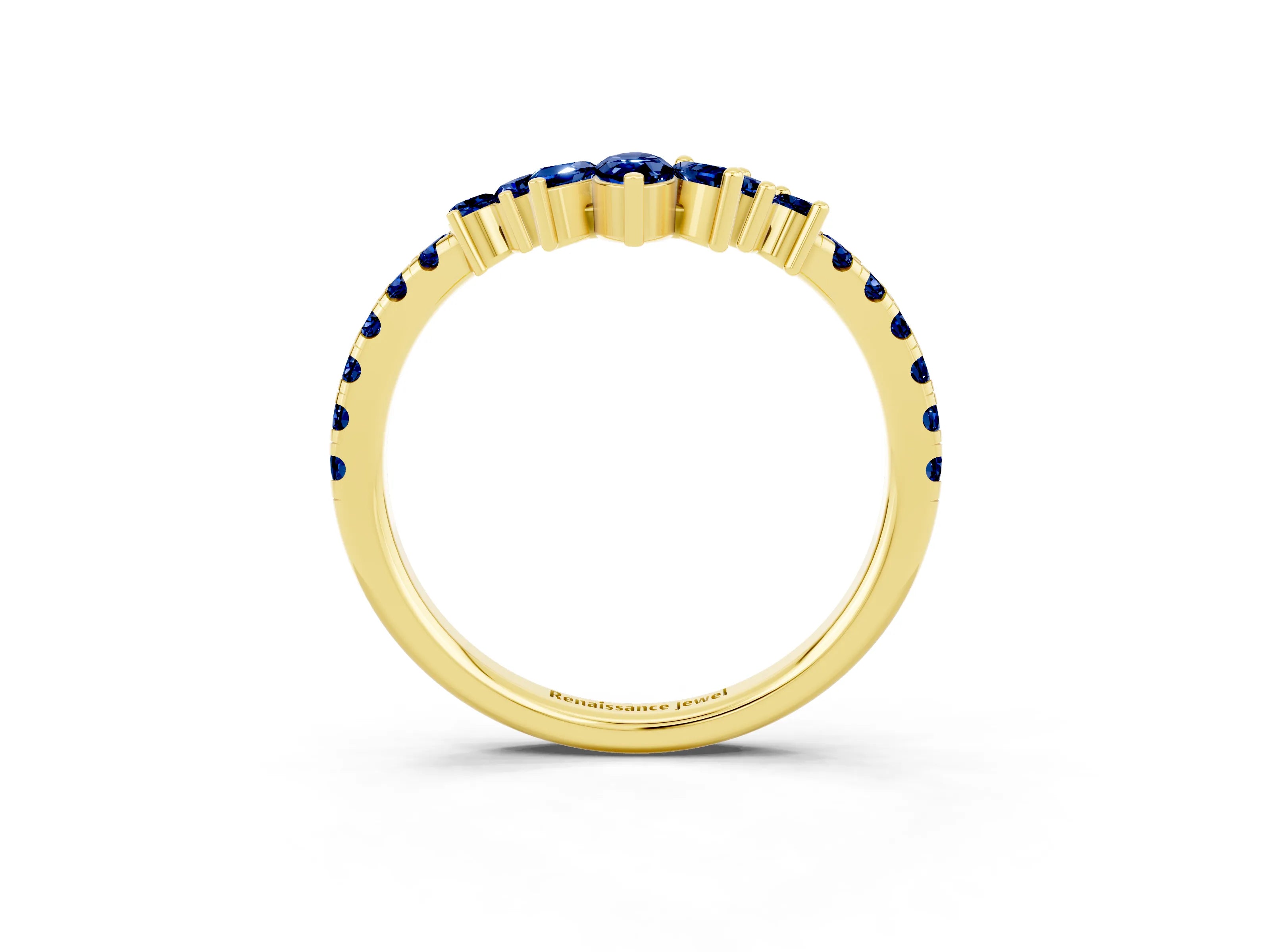 Yellow gold Chevron Marquise and Round Blue Sapphire Open Band with Prong Setting_9