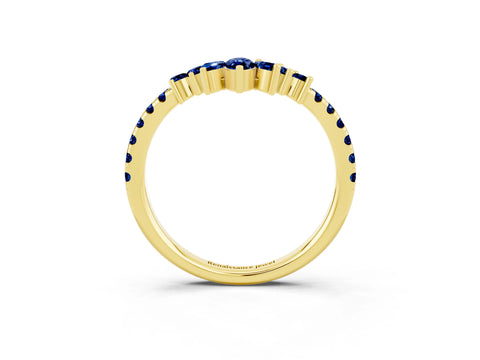 Yellow gold Chevron Marquise and Round Blue Sapphire Open Band with Prong Setting_9