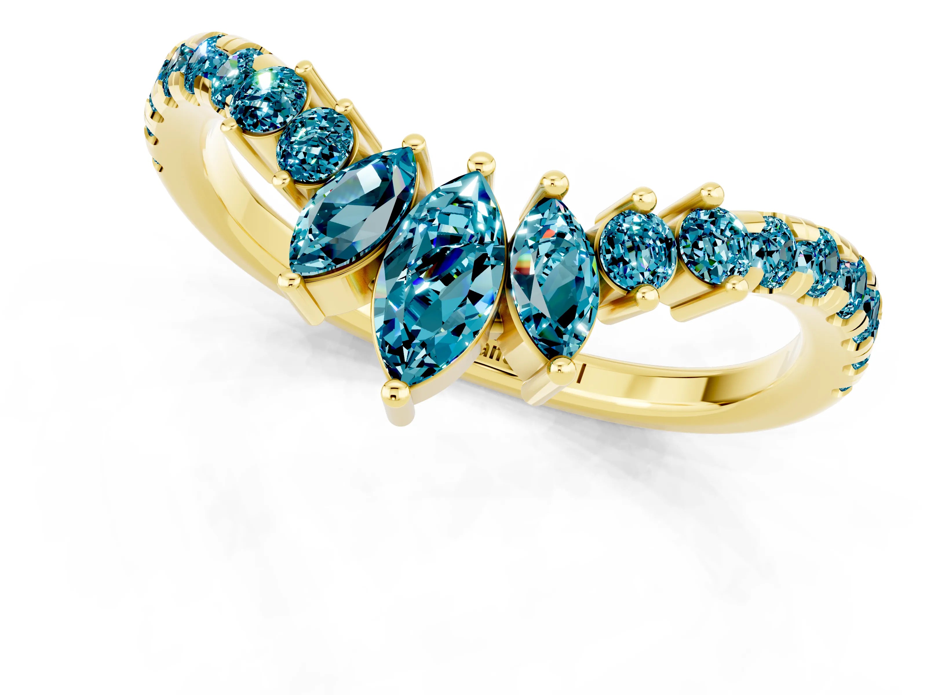 Yellow gold Chevron Marquise and Round Blue Topaz Open Band with Prong Setting_7
