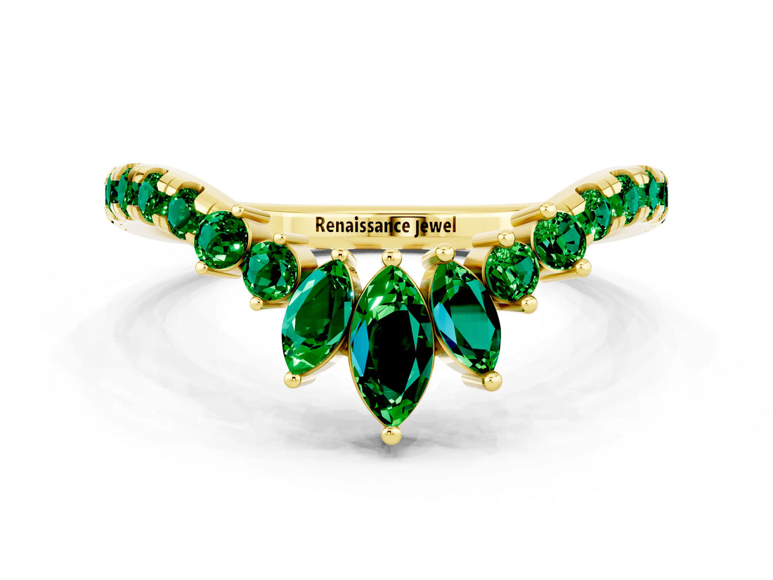 Yellow gold Chevron Marquise and Round Emerald Open Band with Prong Setting_6