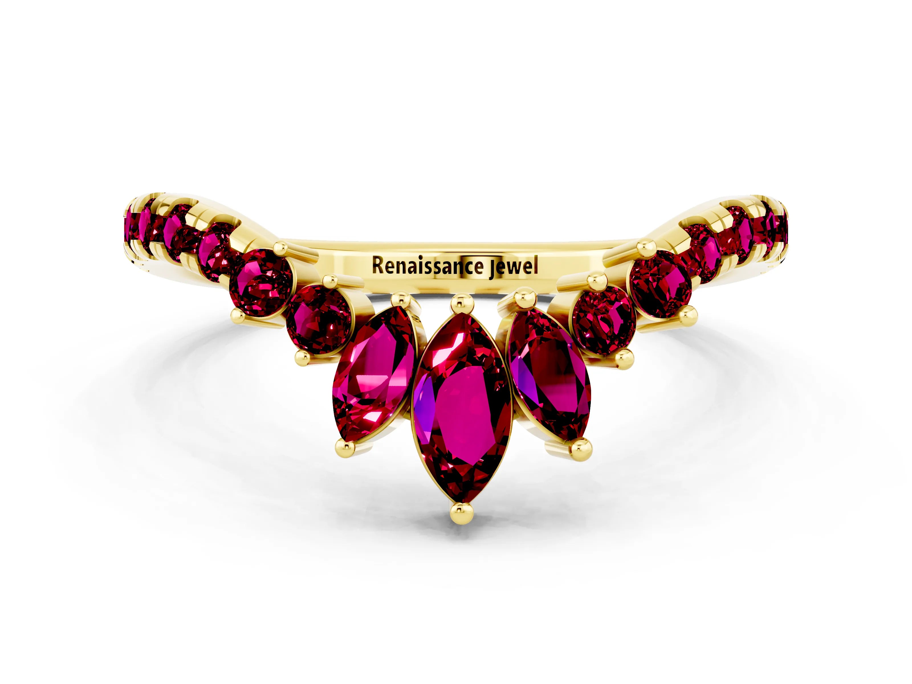 Yellow gold Chevron Marquise and Round Garnet Open Band with Prong Setting_6