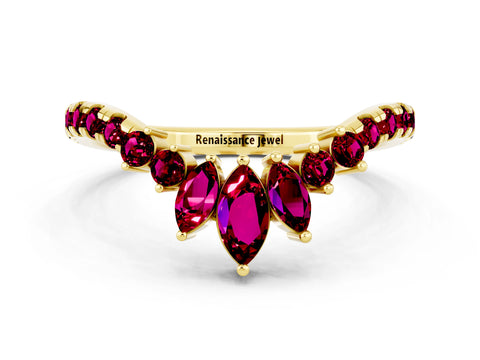 Yellow gold Chevron Marquise and Round Garnet Open Band with Prong Setting_6