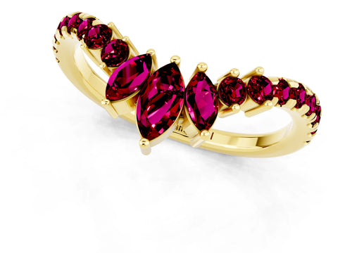 Yellow gold Chevron Marquise and Round Garnet Open Band with Prong Setting_7