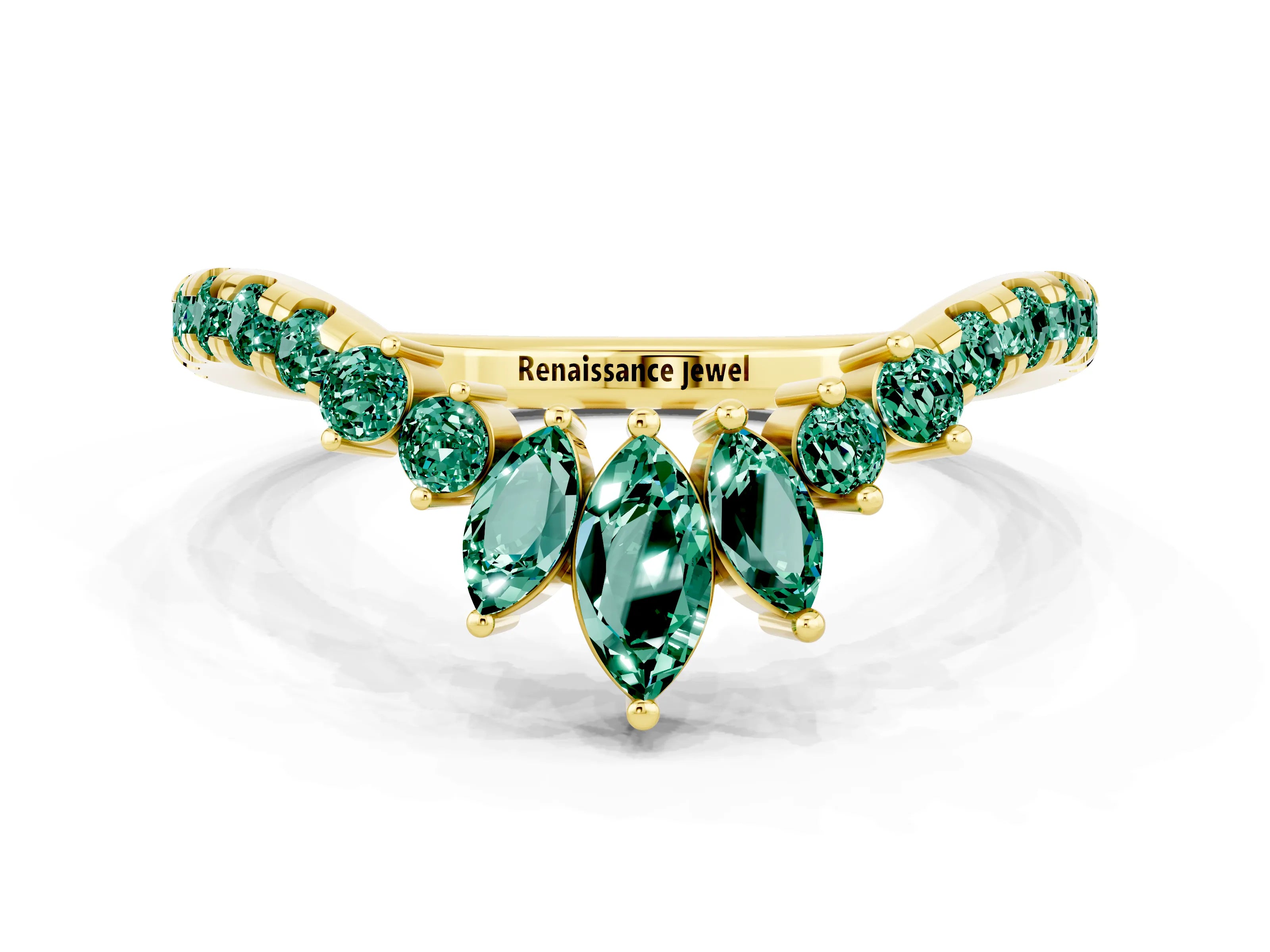 Yellow gold Chevron Marquise and Round Green Sapphire Open Band with Prong Setting_6
