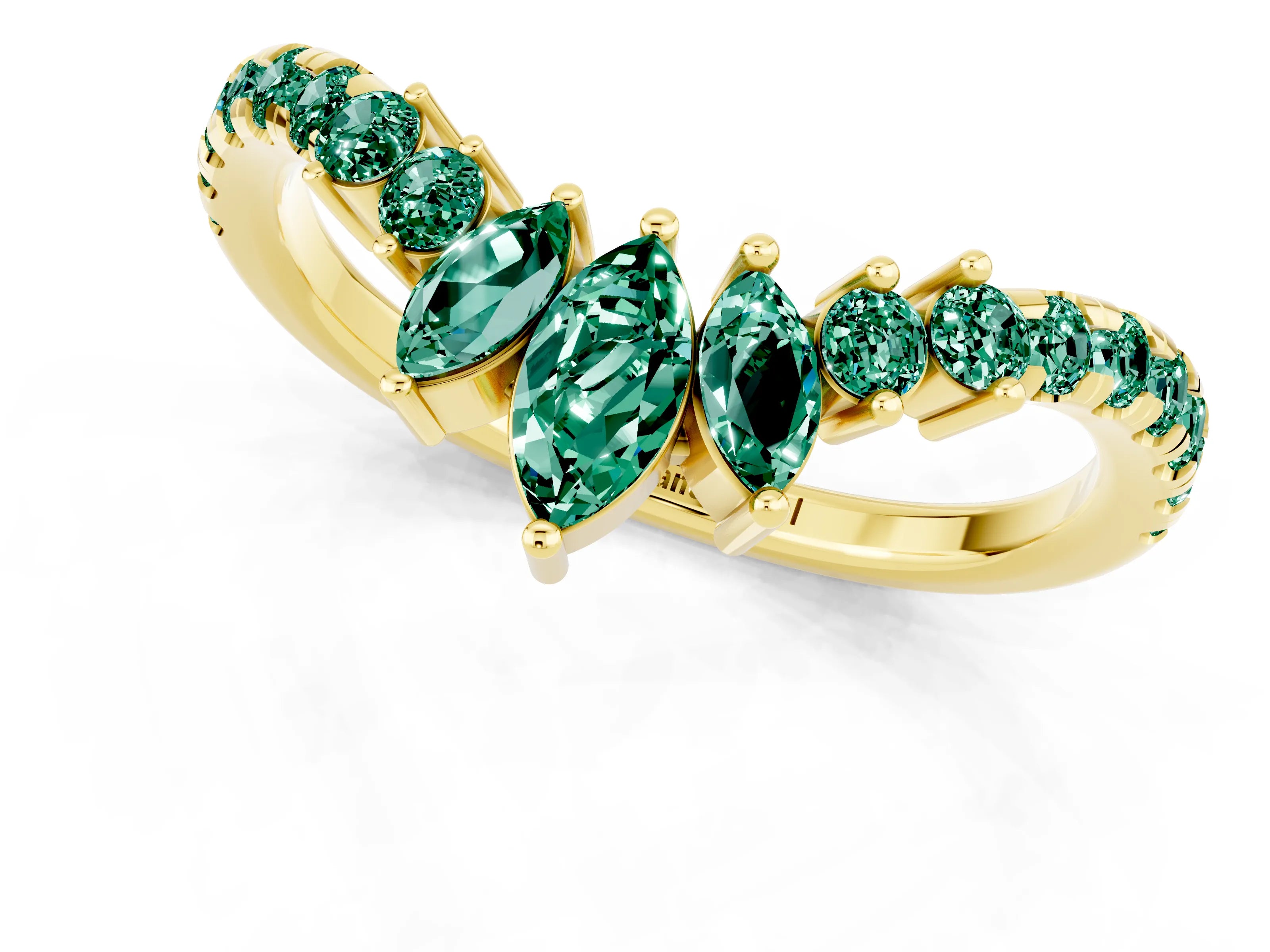 Yellow gold Chevron Marquise and Round Green Sapphire Open Band with Prong Setting_7