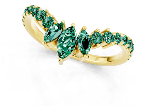 Yellow gold Chevron Marquise and Round Green Sapphire Open Band with Prong Setting_7