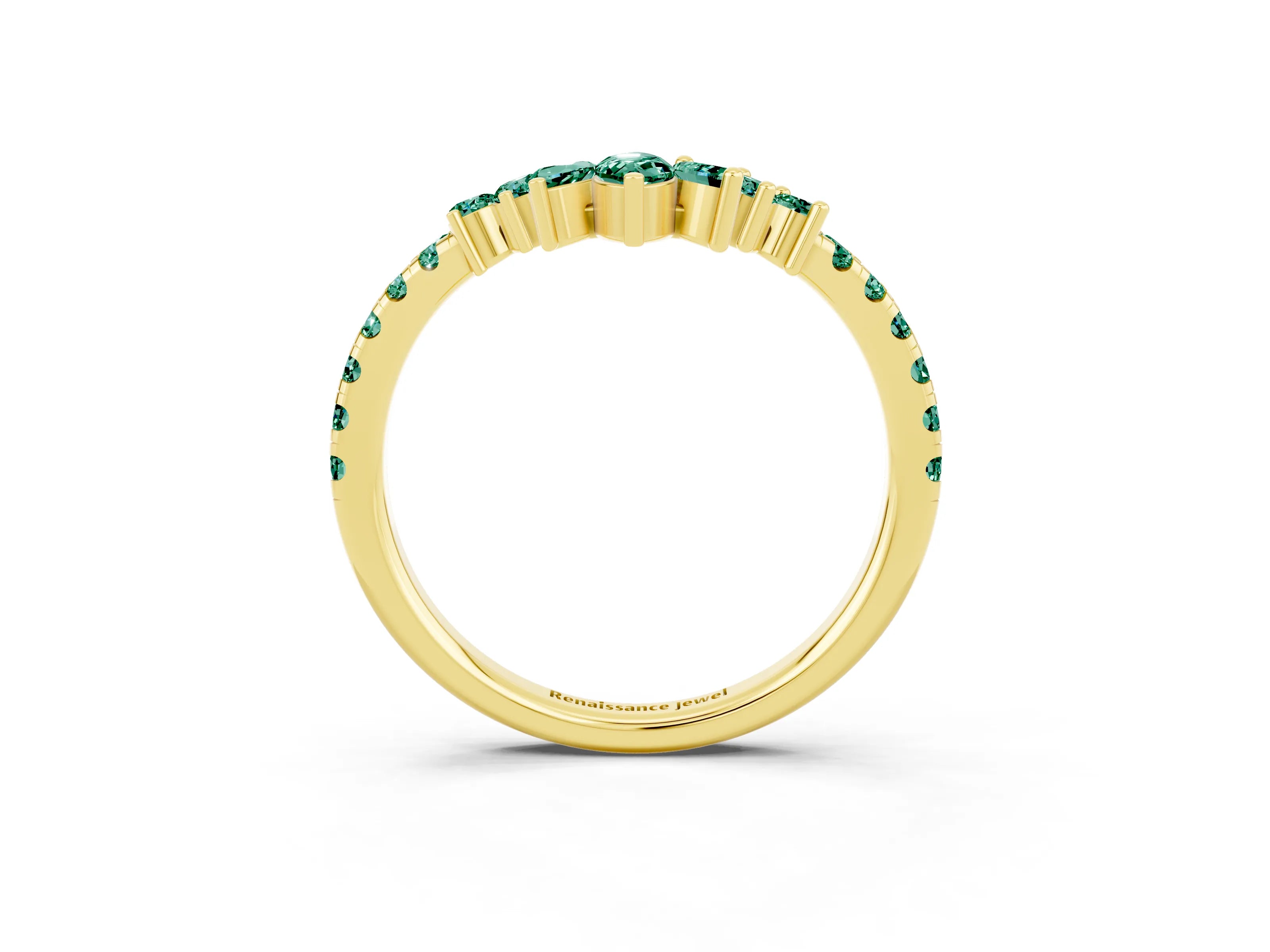 Yellow gold Chevron Marquise and Round Green Sapphire Open Band with Prong Setting_9