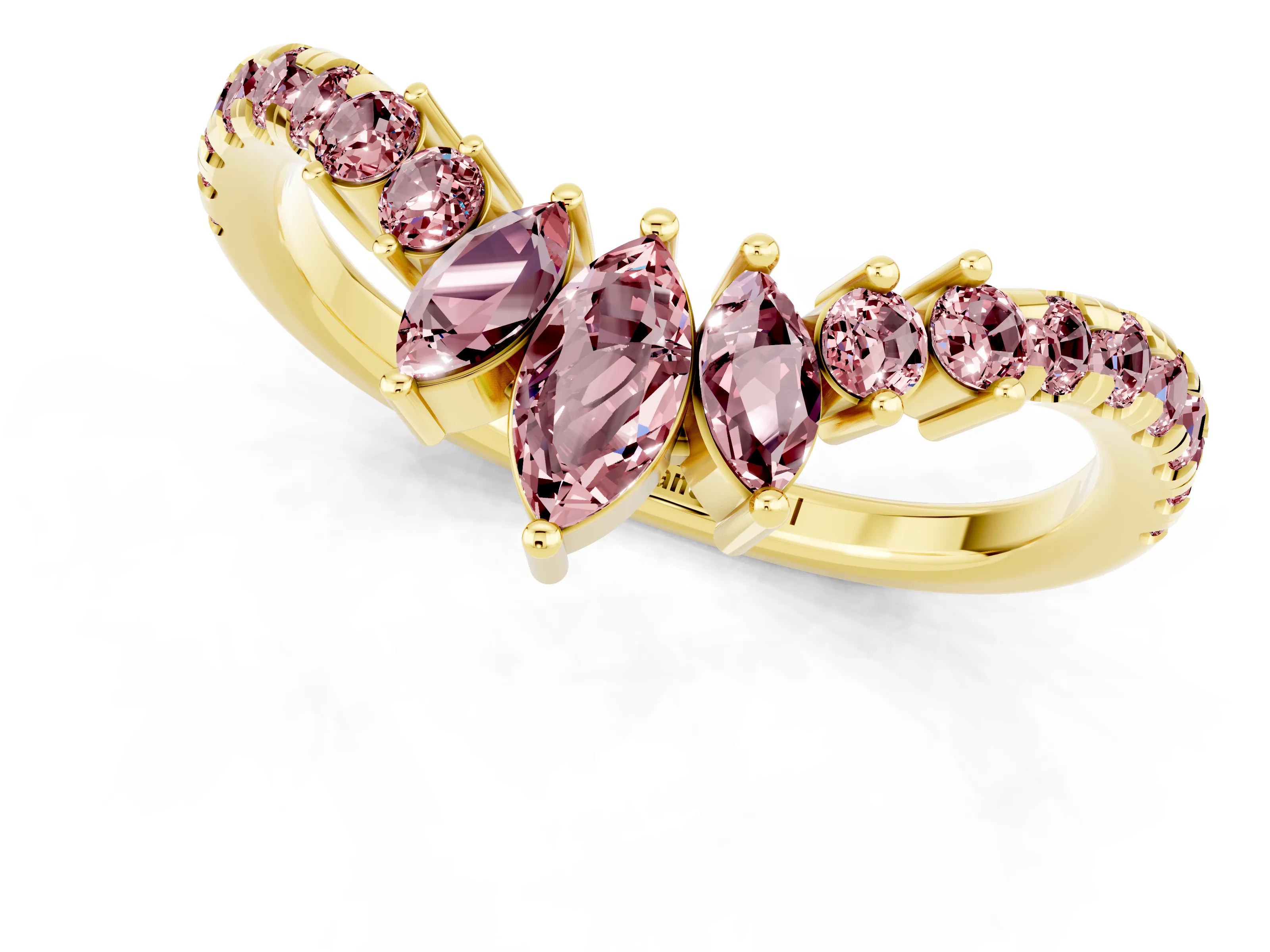 Yellow gold Chevron Marquise and Round Morganite Open Band with Prong Setting_7